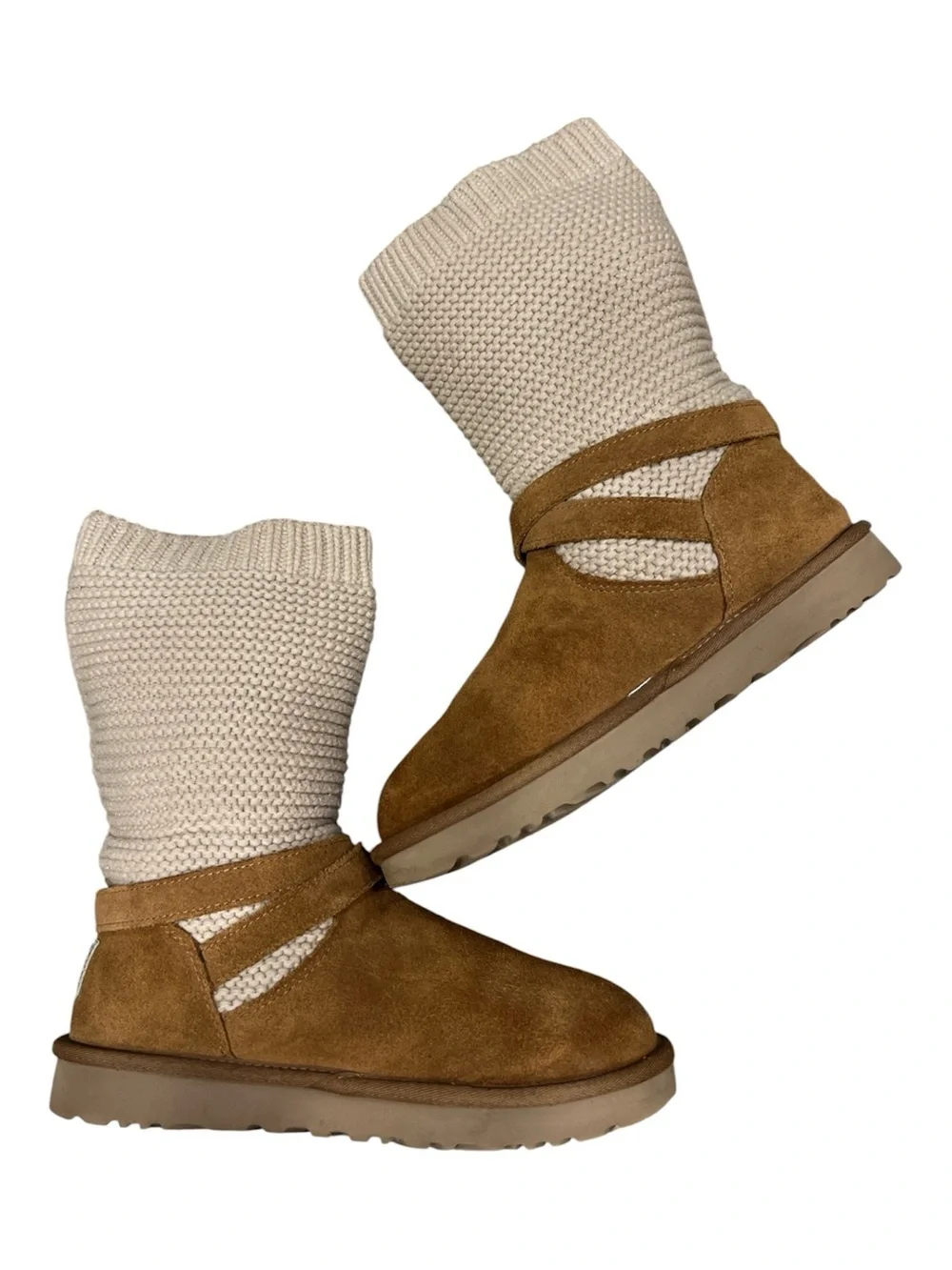 UGG Chestnut Suede Ankle Boots with Cream Knit Shaft  purl sweater knit  Boots 8